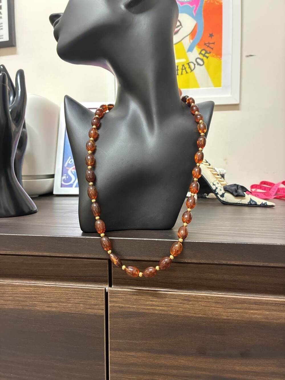 Vintage Faux Amber Beaded Long Necklace Brown Gold Tone Costume Jewelry